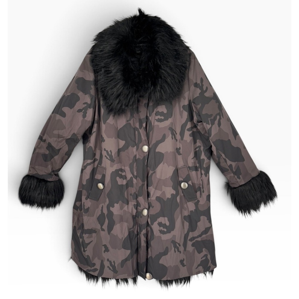 Donna Salyers Fabulous Furs Parka Women 3X Camo Excellent Faux Fur Trim Coat